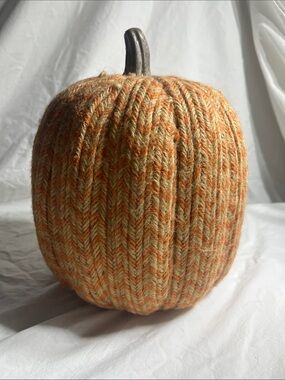 Source Unknown Orange and Cream Knit Pumpkin Decor with Brown Stem
